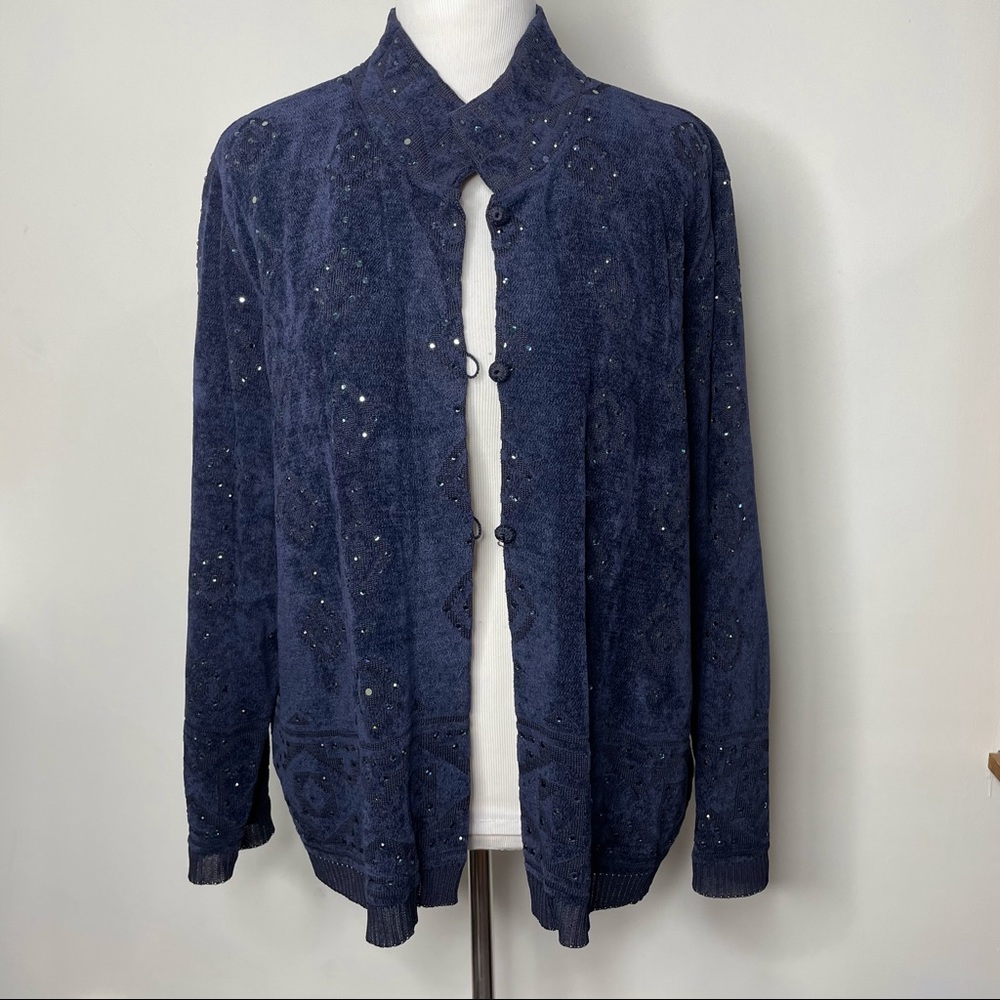 Brenda French for French Rags Vintage Blue Cardigan XL Textured Knit Crystals